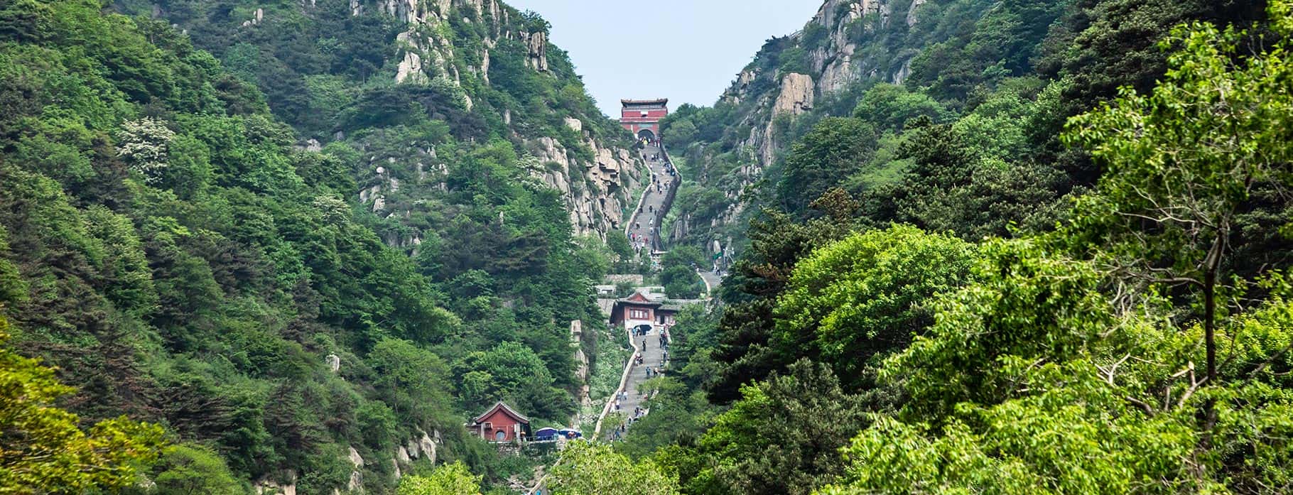 Mountain peaks and temples on Mount Tai in Shandong